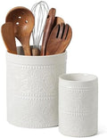 FUN ELEMENTS Kitchen Utensil Holder, 7.2+5.5" Super Large Utensil Crock Heavy and Stable Lace Emboss Ceramic Utensil Holder for Kitchen Counter(2Pcs Bright White)