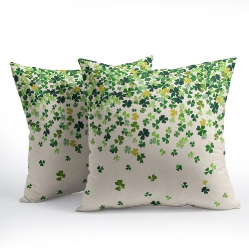 St. Patrick's Day Pillowcase 16x16 Inch 2 Pack Shamrocks Lucky Clover Throw Pillow Covers Saint Patrick Day Spring Cotton-Linen Square Cushion Cases Holiday Themed Gifts for Home Couch Bedroom