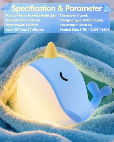 Fuloon Narwhal Night Light, 3-Level Dimming Silicone Touch Lamp with Rechargeable Battery & Timer, Cute Squishy Unicorn Whale Desk Decor, Funny White Elephant Gift for Adults Teens Kids (Blue)