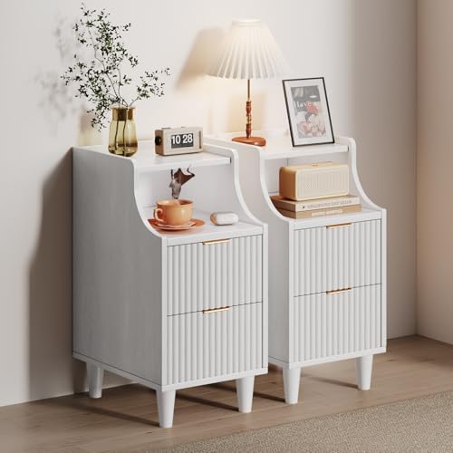 Narrow Nightstand Set of 2,11.8" Fluted Bedside Table Set of 2, Slim Side End Table with 2 Drawers, Wooden Bedside Table, White Wood Night Stand for Bedroom Livingroom Sofa Office