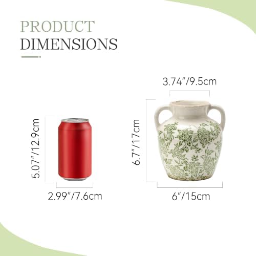 Ceramic Vase with Handles, Vintage Utensil Holder, Flower Decorative Vase Chinoiserie Decor Rustic Farmhouse Retro Floral Vases for Table Bookshelf Mantel Kitchen Living Room Office - 6.7” Green 018
