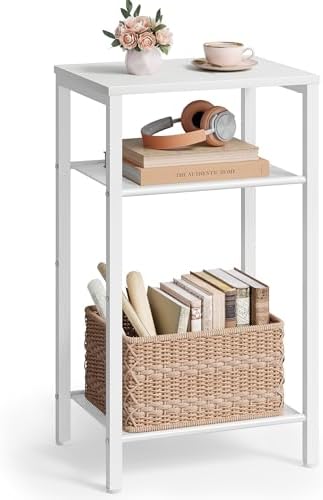 Hoctieon 3 Tier End Table, Telephone Table, Narrow Side Table with Storage, Nightstand for Small Spaces, Metal Frame, for Living Room, Bedroom, Sofa Couch, Hall, Easy Assembly, White