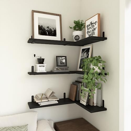 WOPITUES Wood Floating Shelves Set of 6, Shelves for Wall Decor, Farmhouse Shelf for Bedroom, Bathroom Storage Shelves, Book Shelves for Living Room-Black (Pack of 2)