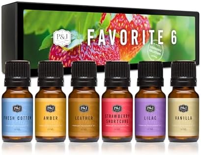 P&J Fragrance Oil Favorites Set | Fresh Cotton, Amber, Leather, Strawberry Shortcake, Lilac, Vanilla for Candle Making, Soap Making Supplies, Diffuser Oils Scents