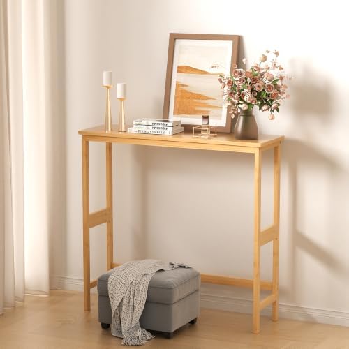 VASMIA Console Table, Small Entryway Table, Narrow Bamboo Sofa Table, for Entryway, Living Room, Foyer, Natural