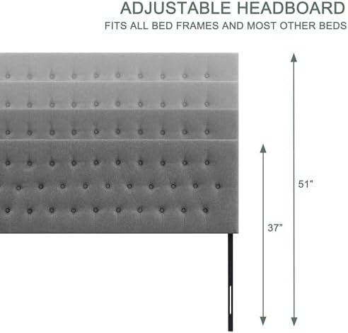 Tufted Upholstered Headboard Queen Size, Adjustable Height 37- 51 in, Gray