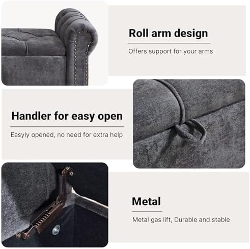 Storage Bed Bench for Bedroom, Chenille 67" End of Bed King Size Benches with Armrest, Tufted Button Upholstered Ottoman Bench for Living Room, Entryway, Charcoal Grey