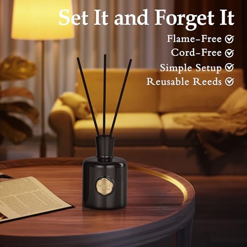 XEPTLE Amber Reed Diffuser for Home, Air Freshener, Woody Scent Diffuser with 5 Reeds for Bedroom Living Room Bathroom Décor, Orange Plum Rose with Honey Amber Vanilla & Sandalwood, 7.04oz, Black