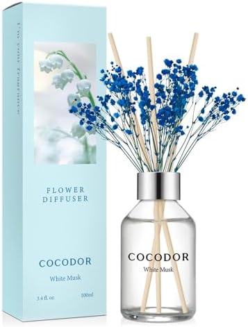 COCODOR Flower Reed Diffuser Set / 3.4oz / White Musk/Scent Diffuser with Sticks Home Fragrance Reed Diffuser for Bathroom Shelf Decor
