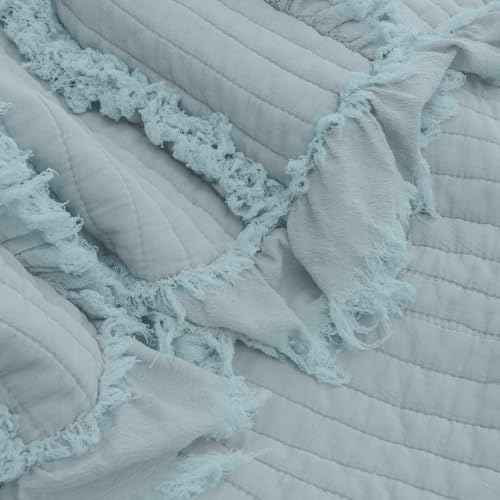 Ultra Soft Pre-Washed Warm Quilted Throw Blanket, Ruffle Fringed Blue Boho Decorative Throw, Stone Washed Chic Rustic Blanket for Sofa Couch Bed Chair, 50"x 60"