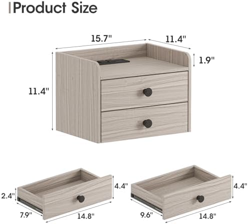 Floating Nightstand Set of 2 with 2 Storage Drawers and Charging Station