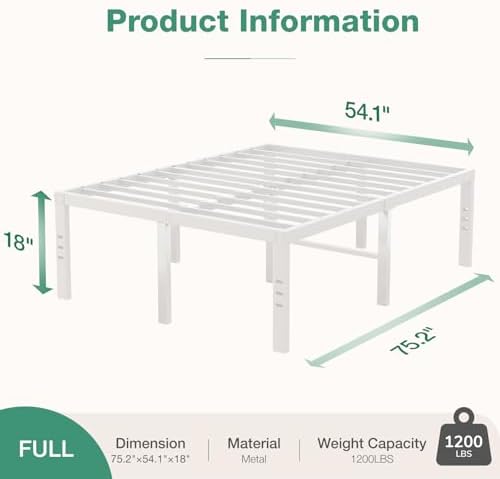 Novilla Full Size Bed Frame, 18 Inch Metal Platform Bed Frame Full Size with Storage Space Under Bed, Heavy Duty Steel Slat Support, Easy Assembly, No Box Spring Needed, White