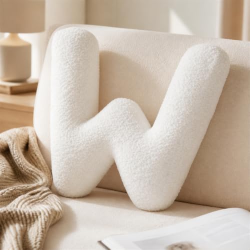 Letter Plush Pillow, Letter Hugging Throw Pillows, Decorative Initial Letter Shaped Throw Pillows for Bed Couch, Letter Pillows English Alphabet A to Z for Sofa Bedroom Living Room Decor (W)