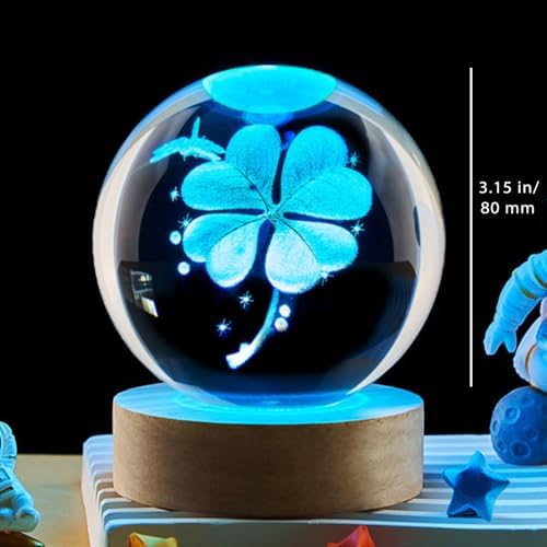 80mm Four Leaf Clover 3D Crystal Ball, Remote Control, LED Light Base, 16 Colors Change, Glass Sphere Lamp, Good Luck Gifts for Women Kids