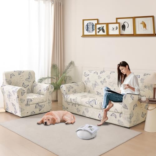 Stretch Printed Sofa Cover Couch Covers, 2-Piece Armchair Cover with Separate Cushion Cover, Washable Soft Spandex Furniture Protector for Living Room(Armchair, Butterfly)