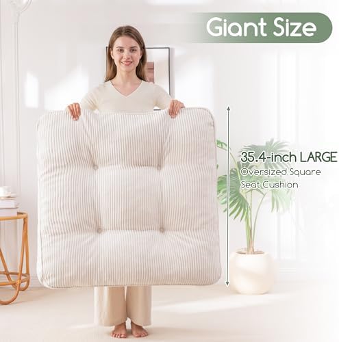 HIGOGOGO 35" Floor Pillow Cushion for Adults, Meditation Cushion Pillow, Extra Large Square Floor Sitting, Tufted Corduroy Cover for Tatami Living Room or Yoga, Beige