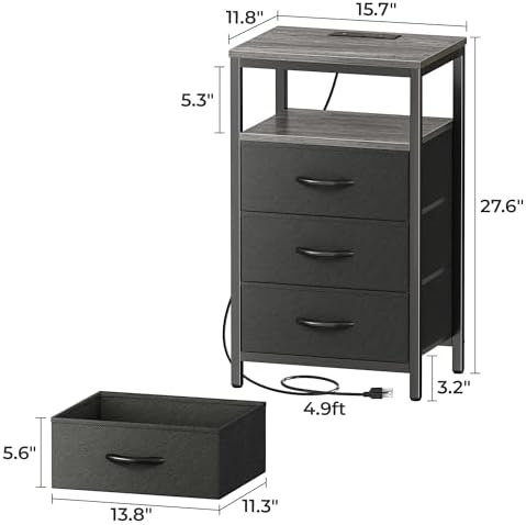 Huuger Nightstand with Charging Station, 27.6 Inch Bedside Table,Side Table