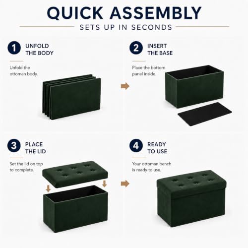 ALASDO 30 Inch Folding Storage Ottoman Bench with Hidden Storage, Velvet Storage Ottoman Foot Rest Stool, End of Bed Bench for Bedroom, Living Room, Entryway and Closet, Dark Green