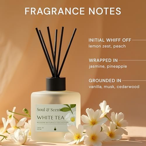 Soul & Scents Reed Diffuser Set – White Tea | 7.43 oz Refillable Scented Oil with 6 Fiber Sticks | Long-Lasting Home Fragrance & Air Freshener for Bedroom, Bathroom, Office | Gift & Décor Piece