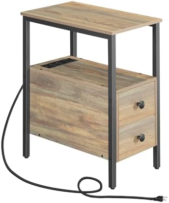 HOOBRO End Table with Charging Station, Narrow Side Table with 2 Drawer & USB Ports & Power Outlets, Nightstand for Small Spaces, for Living Room, Bedroom, Sapphire Brown UC541BZ01