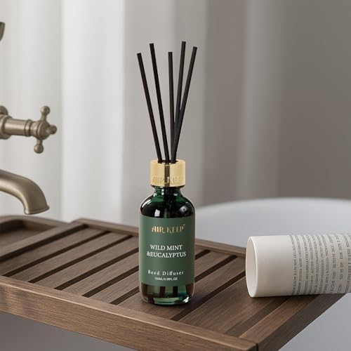 Airkeep Reed Diffuser Set, 3.38 fl oz (100 ml) - Wild Mint&Eucalyptus Oil Diffusers with 8 Reed Sticks, Home Fragrance Reed Diffuser for Bathroom Shelf Decor