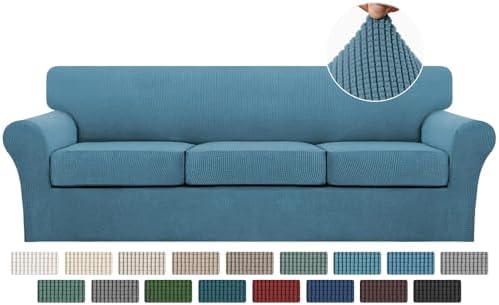 Turquoize 4 Piece Sofa Covers for 3 Cushion Couch Sofa Slipcover Soft Couch Cover for Dogs-Washable Sofa Furniture Covers with 3 Individual Large Cushion Covers, Feature Fabric (XL Sofa, Storm Blue)