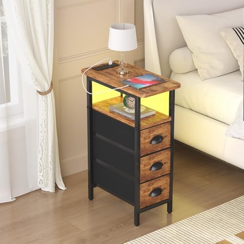 shtmec Narrow End Table Set of 2 with Charging Station, LED Side Tables Set 2 with Fabric Drawers, Small Bedside Tables Nightstands for Small Space, Slim Sofa Couch Table for Livingroom,Rustic Brown