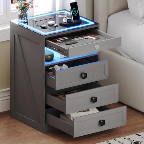 Smart LED Nightstand with Lockable Gun Drawer & Glass Top（Grey）