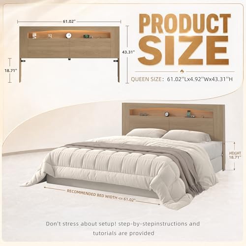 Wooden Queen Headboard Only with Storage for Bedroom (Oak, Queen)