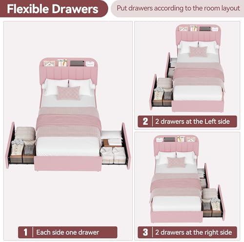 IDEALHOUSE Twin Bed Frame for Kids, Boucle Upholstered Platform Bed for Girls with 2 Flexible Drawers, Bookcase Headboard, Noise-Free, Easy Assembly, No Box Spring Needed, Pink