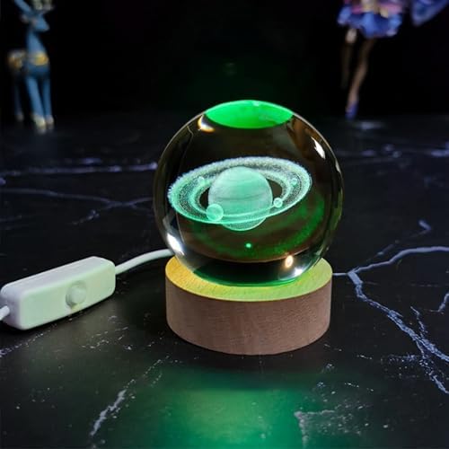 3D Saturn Crystal Ball with LED Stand, Remote Control, 16 Colors Change, Crystal Saturn Sphere Lamp, Decorative Glass Ball Paperweight Gifts(80mm)