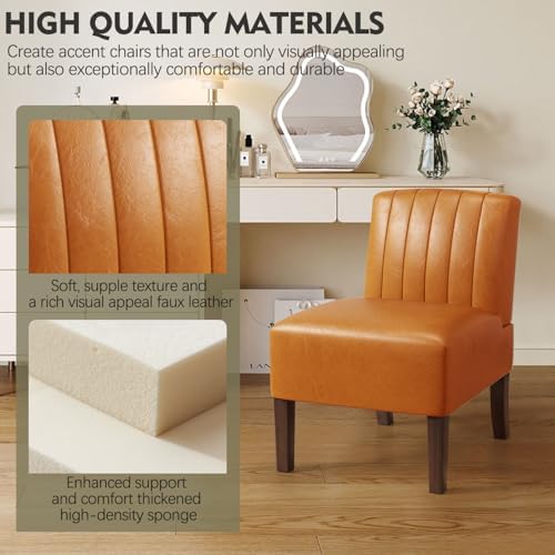 Armless Accent Chairs Upholstered Dining Chairs Living Room Chairs with Solid Wood Legs Leather Reading Chair for Adults Comfy Chair for Bedroom Vanity Kitchen (Brown)