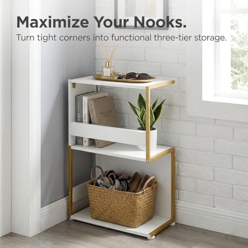 Narrow End Table for Small Spaces - Slim Side Table, S Shape Design Narrow End Tables Living Room,Skinny Bedroom Nightstand Thin Side Magazine Bookshelf (Champagne Gold)