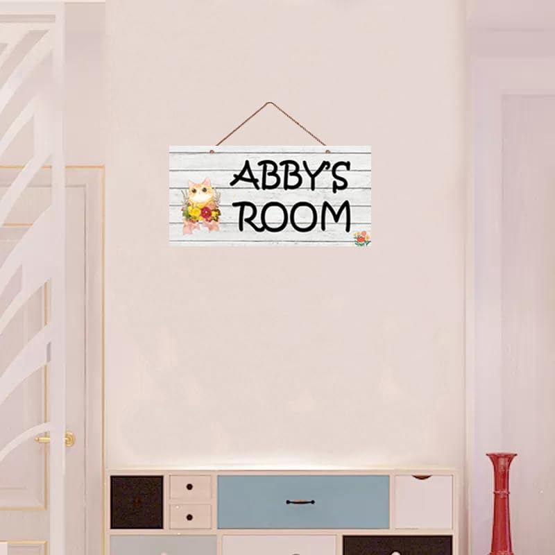 Personalized Signs Cartoon Sign Cute Cat and Flowers Sign For Pet House Kitty Litter Cat house Customized Sign Kids Room Nursery Wall Decor for Girls Boys Bedroom Little Man Cave