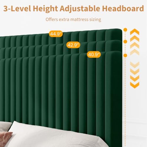 GAOMON King Bed Frame with Adjustable Headboard, Velvet Upholstered Platform King Size Bed Frame, Vertical Channel Tufted, Strong Wooden Slats, No Box Spring Needed, Easy Assembly, Green