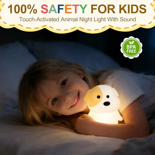 Puppy Night Light for Kids - Squishy Silicone Dog Lamp with Dimmable & 7 RGB Color Changing, Animal Sound, Rechargeable BPA-Free, Dog Nightlight Gift for Children/Teens/College Students