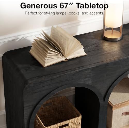 67" Long Arched Console Table, 15.5" Deep Modern Designer Entryway Table, Sculptural Triple Arch Sofa Table for Living Room, Hallway, Behind Couch, Multi-Scene Accent Furniture, Black Wood Finish