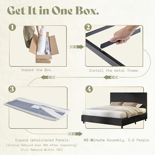 AMERLIFE Upholstered Bed Frame, Metal Bed with Headboard, Full Black