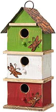 Glitzhome Bird Houses for Outside, 13.75" H Multicolored Three-Tiered Distressed Solid Wood Birdhouse Garden Hanging Bird House for Outdoors