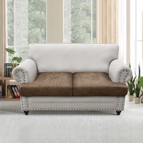 T Cushion Loveseat Sofa Cover Leather-Look 2PC Stretch Sofa Seat Cushion Slipcover Individual Couch Seat Covers with Elastic Bands, Pet-Friendly, Non-Slip, Easy Fit - Light Brown