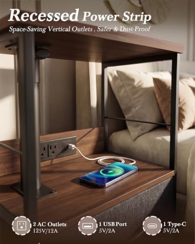 Faesun Night Stand with Charging Station & Swivel Tray Top, Walnut Gray