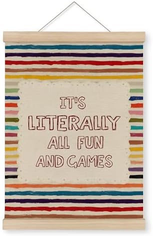 MAQIKA Funny Kids Playroom Poster Framed with Wood Hanger, Boy Girl Nursery Hanging Wall Decor, All Fun and Games Colorful Classroom Canvas Wall Art Paints for Kids Nursery Bedroom Playroom, 12x16 Inch