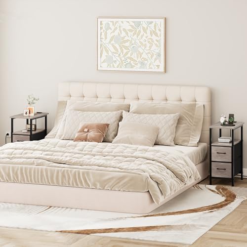 Vagusicc End Table with Charging Station Set of 2, Narrow Side Table, 23.8'' Tall Nightstand with 2 Drawers, Small Sofa Side Table Narrow Nightstand for Small Spaces, Living Room, Bedroom, Rustic Grey