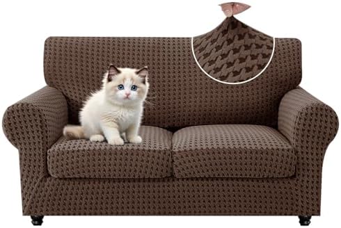 MAXIJIN 3 Pieces Stretch Sofa Covers for 2 Cushion Couch Loveseat Cover for Dogs Washable Love Seat Sofa Slipcovers Thick Soft Furniture Protector with Non Slip Strap (Brown, 55"-69")