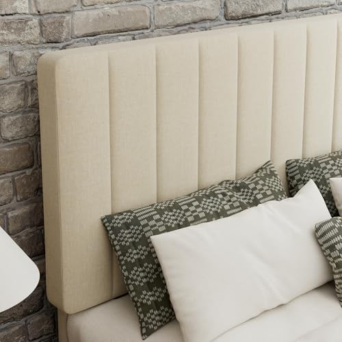 GOLDORO King Size Bed Frame with Adjustable Headboard, Linen Upholstered Platform Bed, Vertical Channel Tufted Design, Wooden Slat Support, No Box Spring Needed, Easy Assembly, Beige