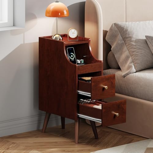 WLIVE Slim Small Nightstand with Drawer Narrow Bedside Table Vintage Cherry