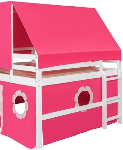 Full Size Castle Loft Bed with Slide & Pink Tent and Tower, Playhouse Design Spacious Under Bed Space with Curtains, Wood Tent Bed Frame for Kids Boys Girls(Pink,Full)