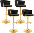 Gold Bar Stools Set of 4, Modern Adjustable Bar Height Barstools, Velvet Swivel Bar Chairs with Woven Backrest, Metal Footrest & Base, Upholstered Counter Stools for Kitchen Island, Black