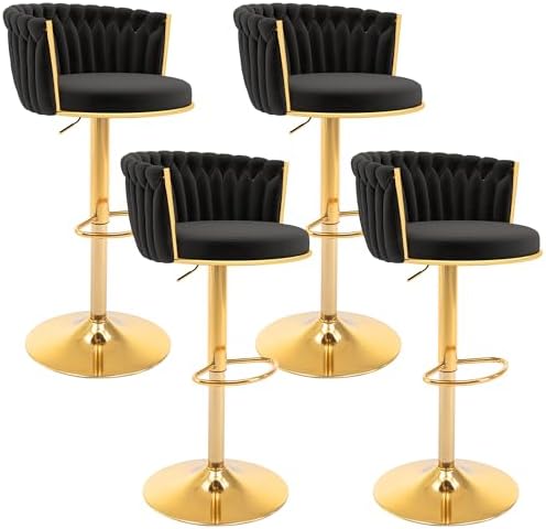 Gold Bar Stools Set of 4, Modern Adjustable Bar Height Barstools, Velvet Swivel Bar Chairs with Woven Backrest, Metal Footrest & Base, Upholstered Counter Stools for Kitchen Island, Black