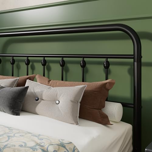 SHA CERLIN Full Metal Bed Frame with Victorian Iron-Art Headboard, Black
